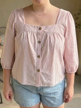 Sweet Pink Gingham Square Neck Cottagecore Blouse // Boho Picnic Top Boho Puff